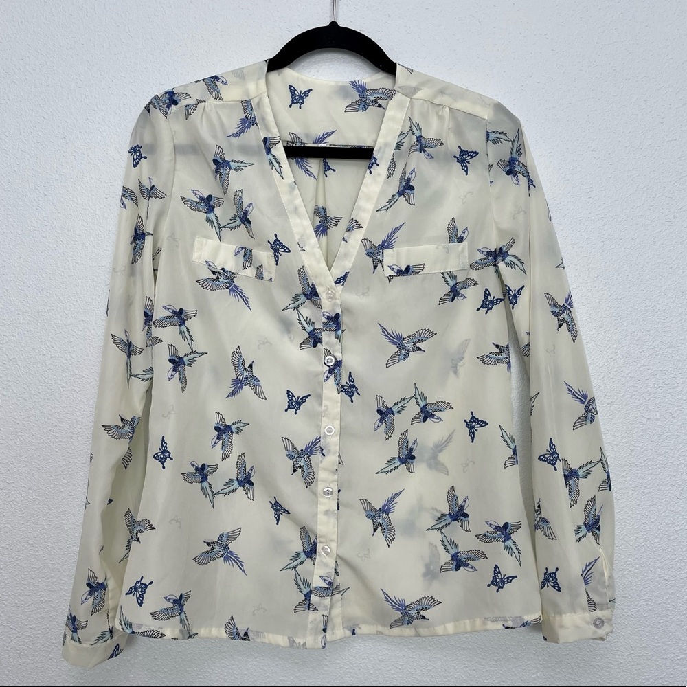 Women's Button Up Blue Birds Long Sleeve Blouse